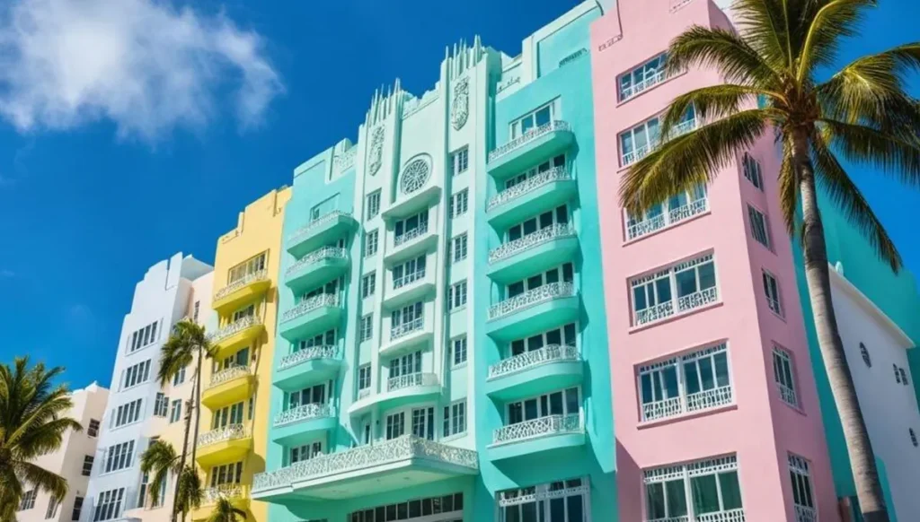 Conjunto de prédios Art Déco coloridos, uma marca visual do distrito histórico de Miami Beach.