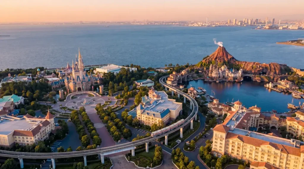 Vista aérea da Disney Japão, com o Tokyo Disneyland à esquerda e o Disney Sea à direita.