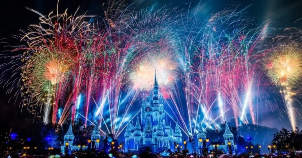 Fogos de artifício no Ano Novo em Orlando iluminam o castelo do Magic Kingdom durante celebração noturna na Disney.
