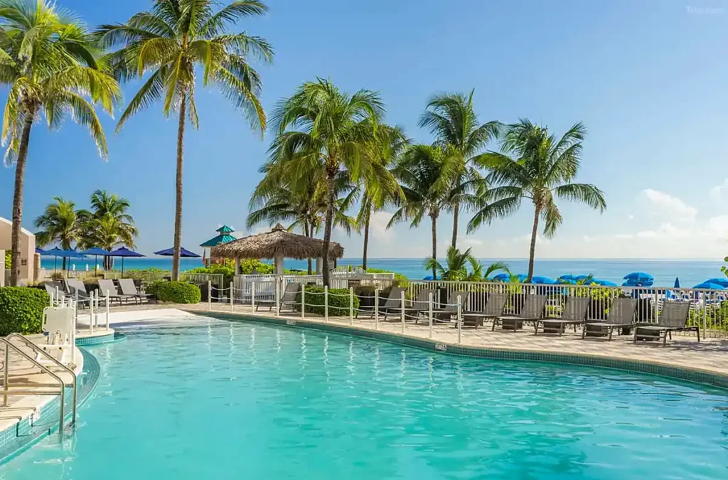 Aproveite a piscina do DoubleTree Resort & Spa by Hilton Hotel Ocean Point, em Sunny Isles Beach, cercada por palmeiras e com vista para o Oceano Atlântico.