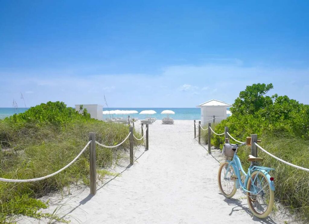 Acesso à praia do Grand Beach Hotel Miami Beach, cercado por vegetação e com vista para o oceano.