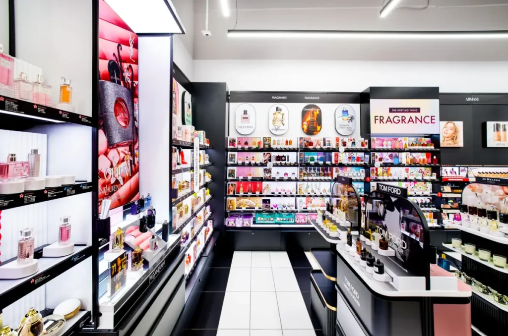 Corredor iluminado no interior de uma loja Sephora