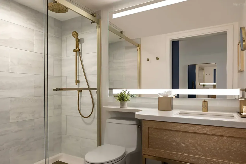 Banheiro moderno do The Sunny Miami, em Sunny Isles Beach, com box de vidro, chuveiro dourado, revestimento claro e bancada de madeira.
