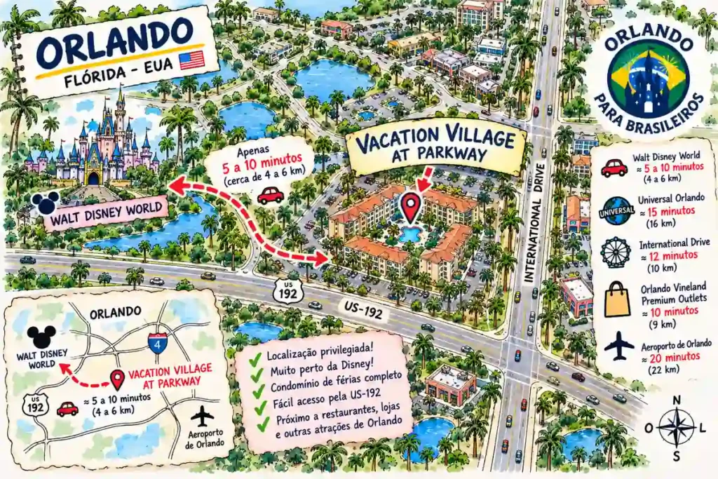 mapa da localização do vacation village at parkway a apenas 5 minutos da Disney